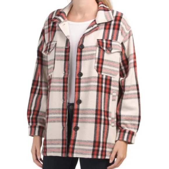 Lucky Brand Jackets & Blazers - Lucky Brand Plaid Shacket Flannel Oversized Cream Black Red Size Large